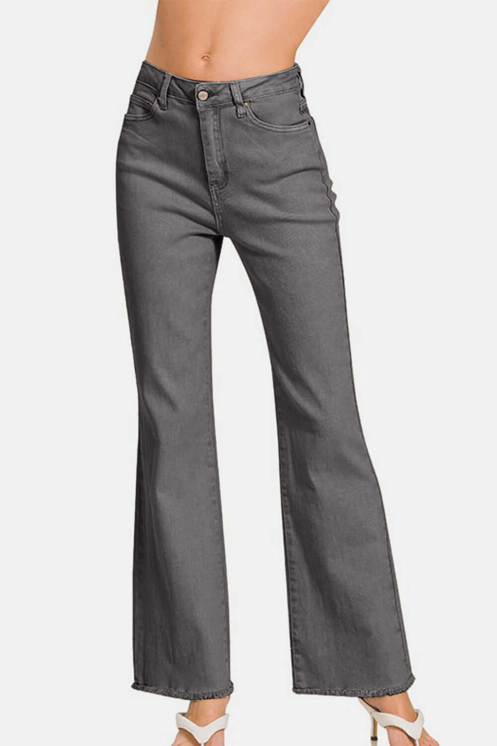 Trendy Zenana acid washed frayed hem bootcut jeans in gray, perfect for a stylish and casual look.