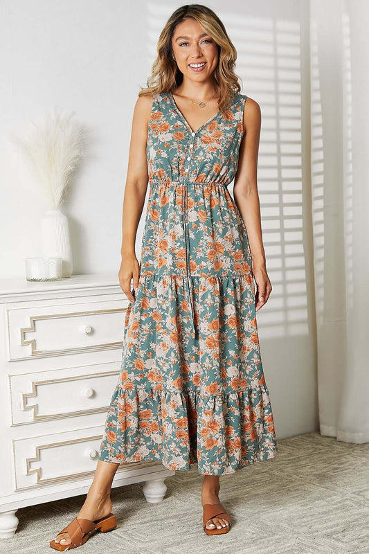DOUBLE TAKE Floral V-Neck Tiered Sleeveless Dress at Bella Road
