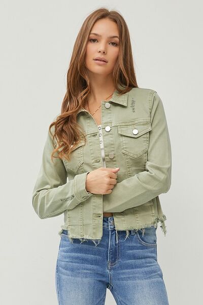 Trendy RISEN cropped denim jacket in soft green with raw hem and button-up design, perfect for plus-size fashion.