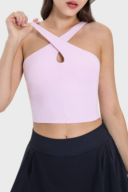 Millennia Crisscross Grecian Neck Active Cami in soft pink, featuring stylish crisscross design for workouts.