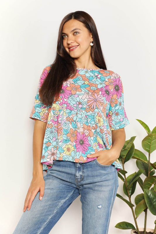 DOUBLE TAKE Floral Round Neck Babydoll Top at Bella Road