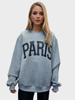 Basic Bae PARIS round neck long sleeve sweatshirt, stylish gray with oversized fit and bold PARIS print.