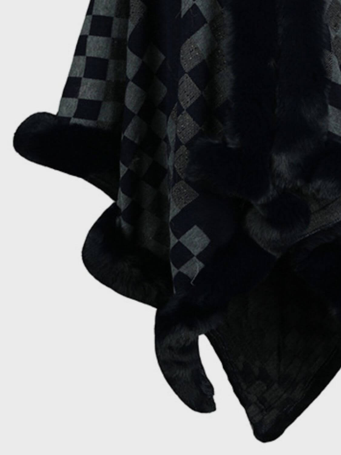 Cozy Bella Road fuzzy checkered poncho with elegant black and gray pattern, perfect for stylish fall layering.