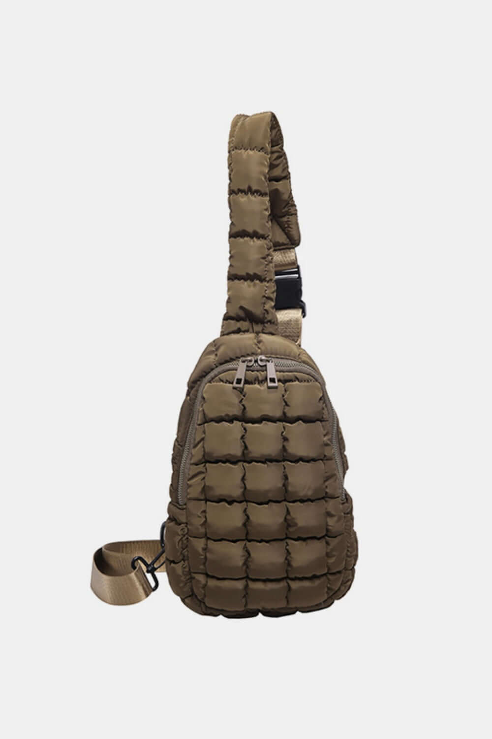 Olive green Bella Road Quilted Nylon Crossbody Bag showcasing its stylish puffy design and adjustable strap. Perfect for adventures!