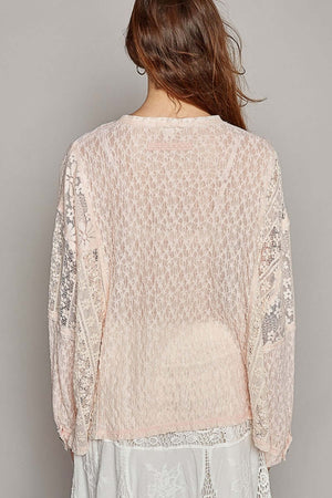 POL Round Neck Long Sleeve Raw Edge Lace Top at Bella Road