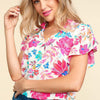 Notch Neck Sequin Floral Blouse - Ivory/Fuchsia