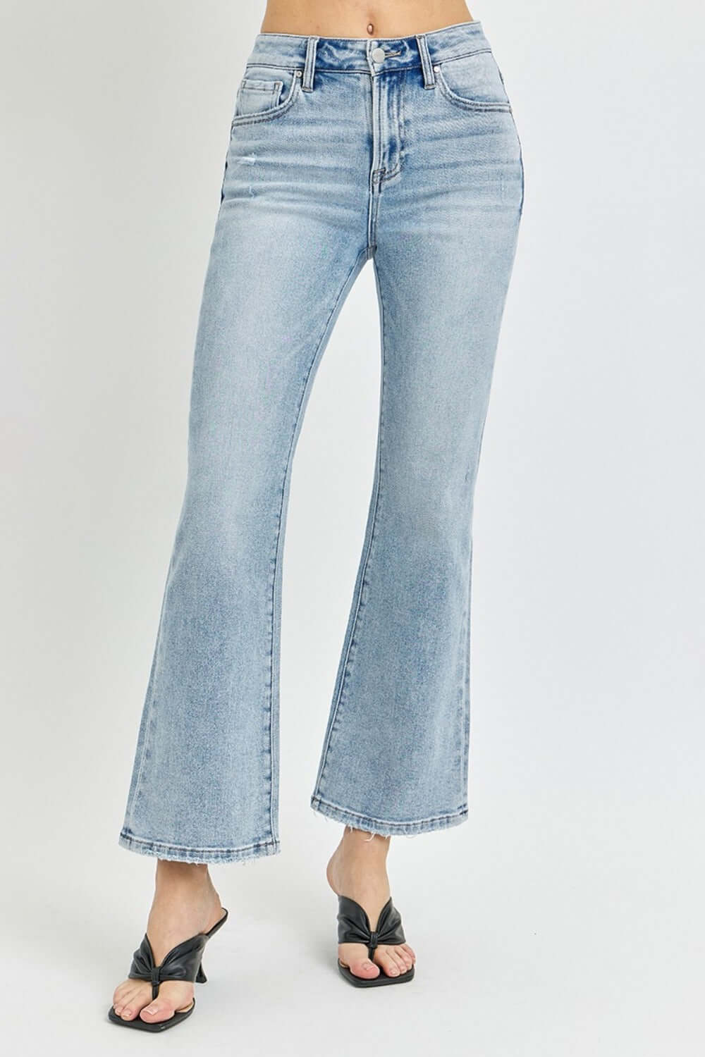 RISEN Full Size High Rise Ankle Flare Jeans with vintage retro flared hem and cropped length for a modern, flattering silhouette