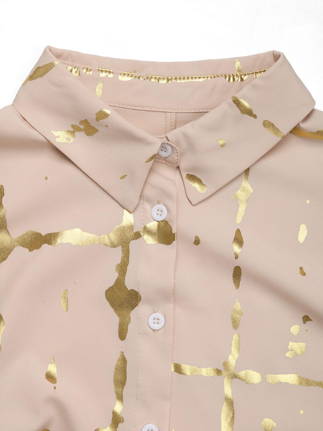 Tan collared shirt with gold accents and buttons, from Perfee's long sleeve collection for an elegant, comfortable style.