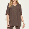 V-Neck Drop Shoulder T-Shirt and Shorts Set | Full Size - Chocolate