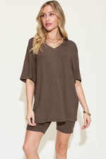 BASIC BAE Full Size V-Neck Drop Shoulder T-Shirt and Shorts Set at Bella Road