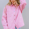 Star Pattern Button Up Slit Denim Jacket - Carnation Pink