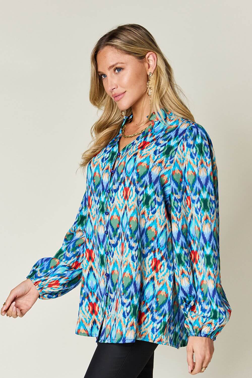 DOUBLE TAKE Full Size Printed Balloon Sleeve Blouse at Bella Road