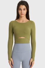 Millennia Cutout Long Sleeve Cropped Sports Top in olive green, perfect for yoga and stylish workouts.