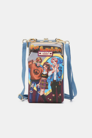 Nicole Lee USA Printed Crossbody Wallet with detachable kiss lock pouch and blue strap, featuring vibrant pop culture design.