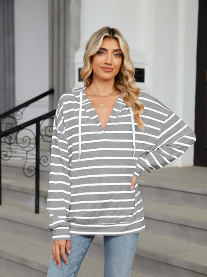 Drawstring Striped Long Sleeve Hoodie