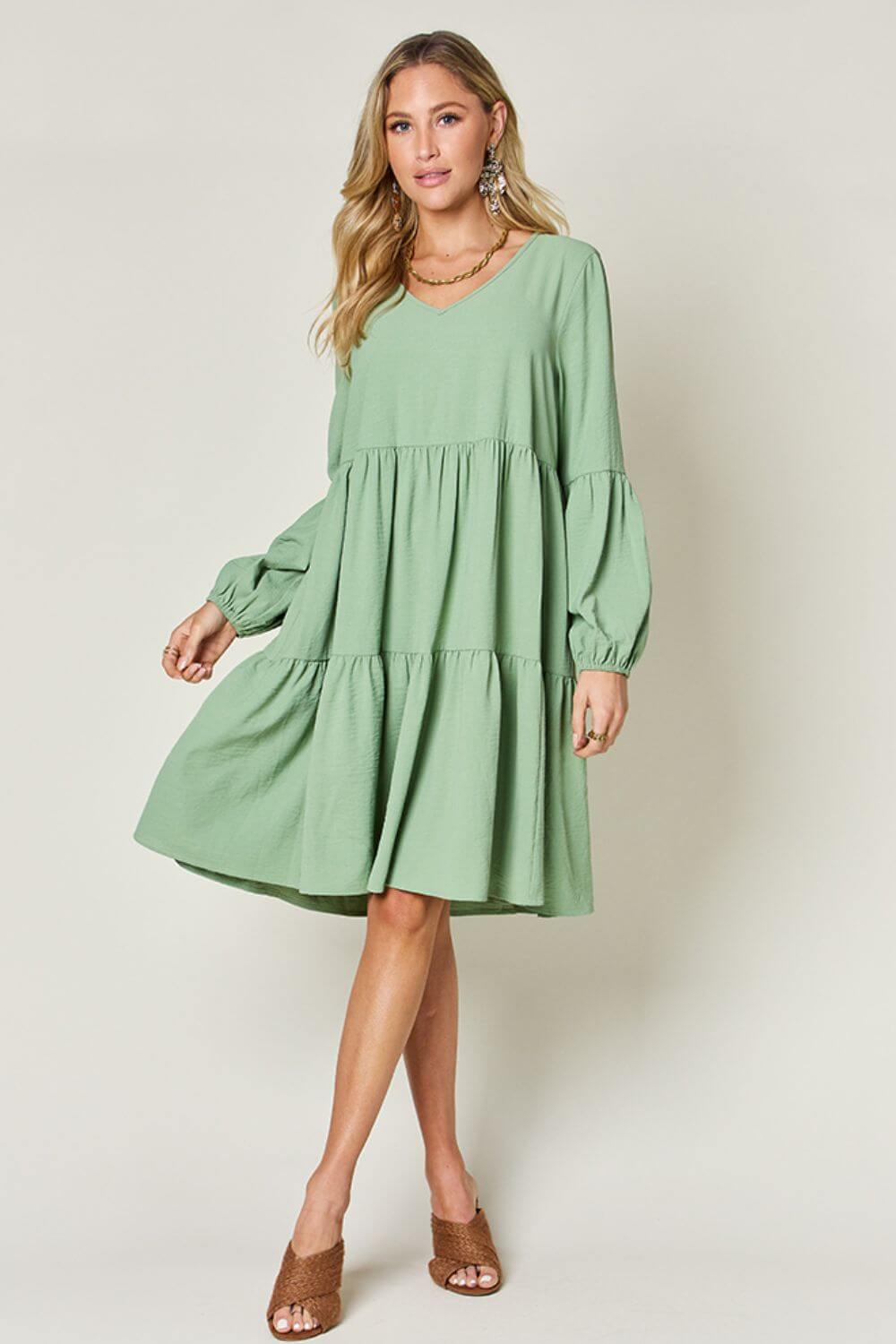 DOUBLE TAKE Full Size V-Neck Balloon Sleeve Tiered Dress at Bella Road