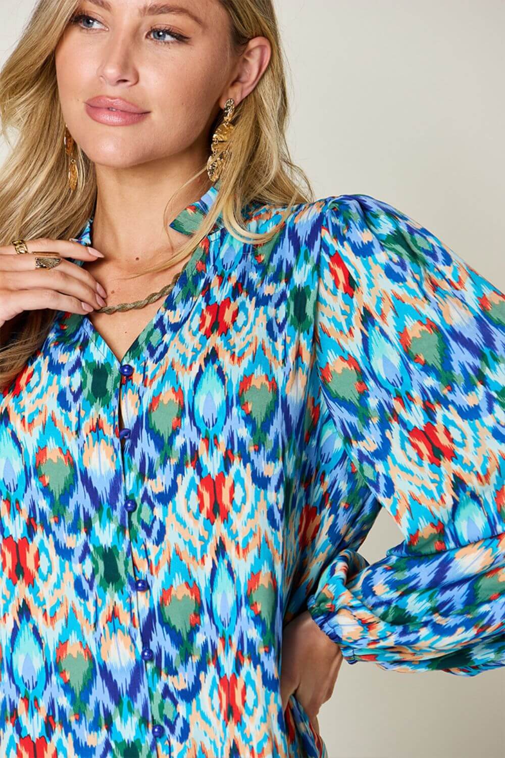 DOUBLE TAKE Full Size Printed Balloon Sleeve Blouse at Bella Road