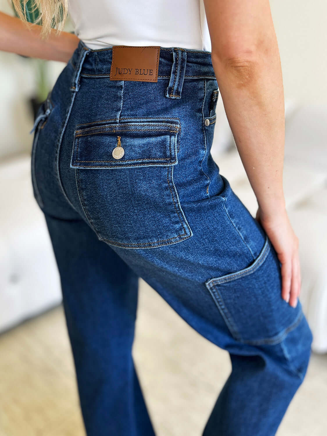 High Waist Straight Cargo Judy Blue Jeans with back pockets and durable denim fabric.