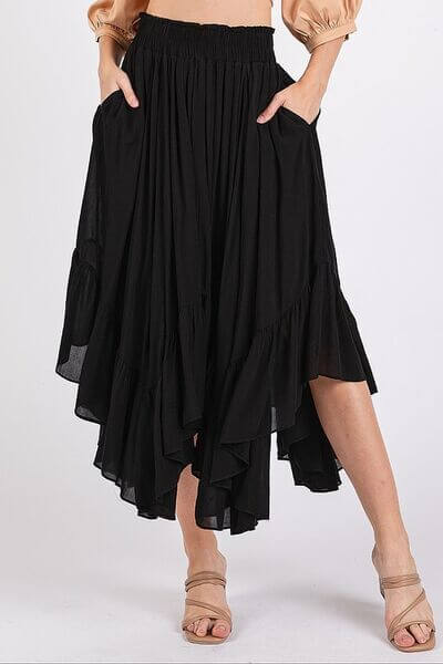 Stylish black handkerchief hem midi skirt with elastic waistband and pockets, perfect for any occasion.