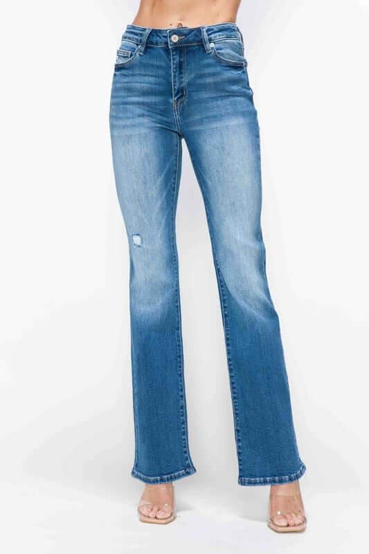 bytos distressed high rise jeans in blue, featuring flared legs, pockets, and a stylish worn-out look for effortless chic.