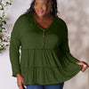 Half Button Long Sleeve Ruffle Hem Blouse - Army Green