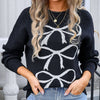 Angel Wings Bow Graphic Round Neck Long Sleeve Sweater - Black