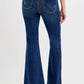 RISEN Tummy Control Frayed Hem Flare Jeans with Belt in dark wash, high-rise fit, rear view showing flare legs and back pockets.