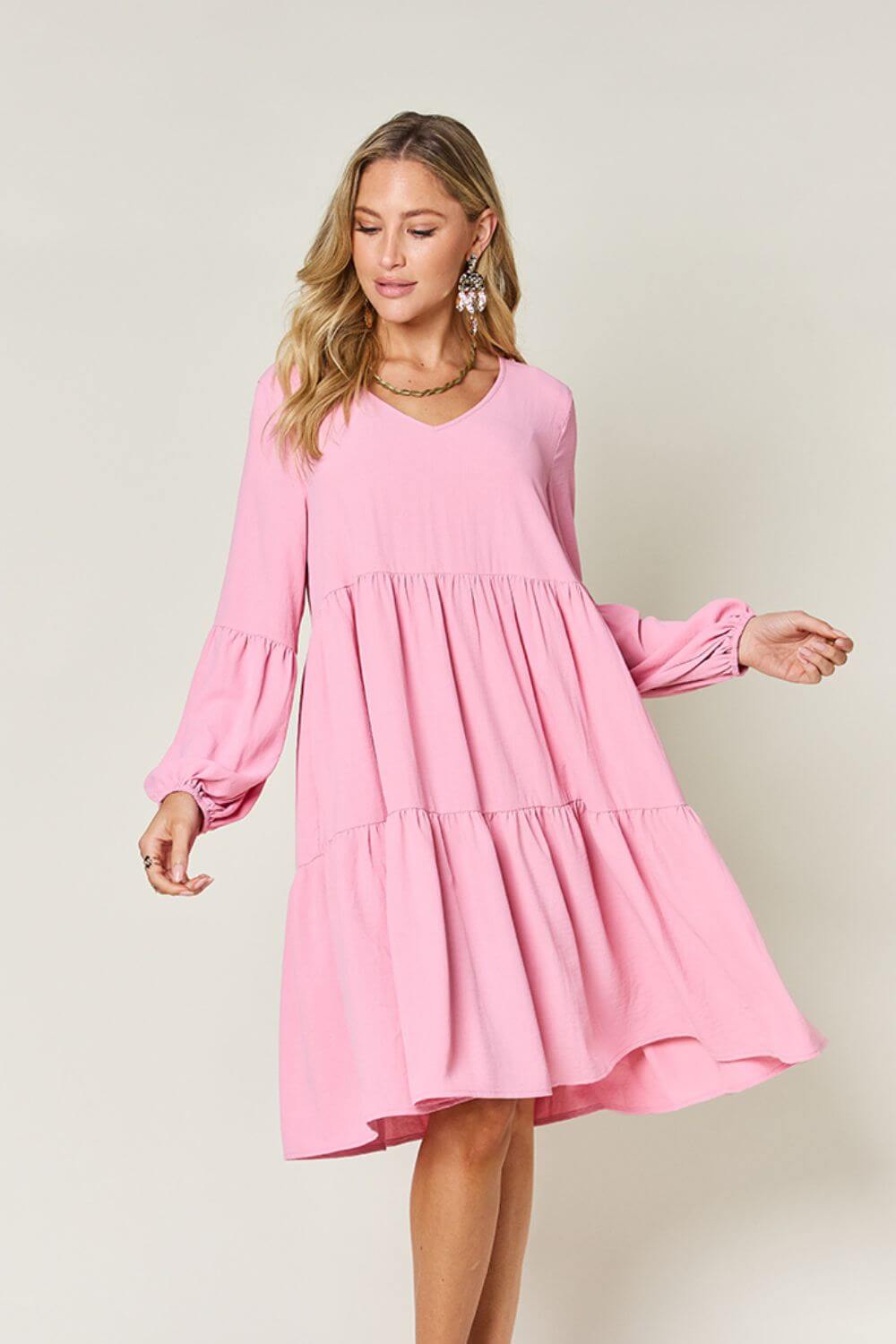 DOUBLE TAKE Full Size V-Neck Balloon Sleeve Tiered Dress at Bella Road