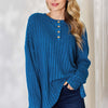 Ribbed Half Button Long Sleeve High-Low T-Shirt - Sky Blue