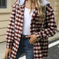 Woman wearing Bella Road Drawstring Plaid Long Sleeve Hooded Jacket, white top, and jeans, featuring a cozy plaid pattern and adjustable drawstring.