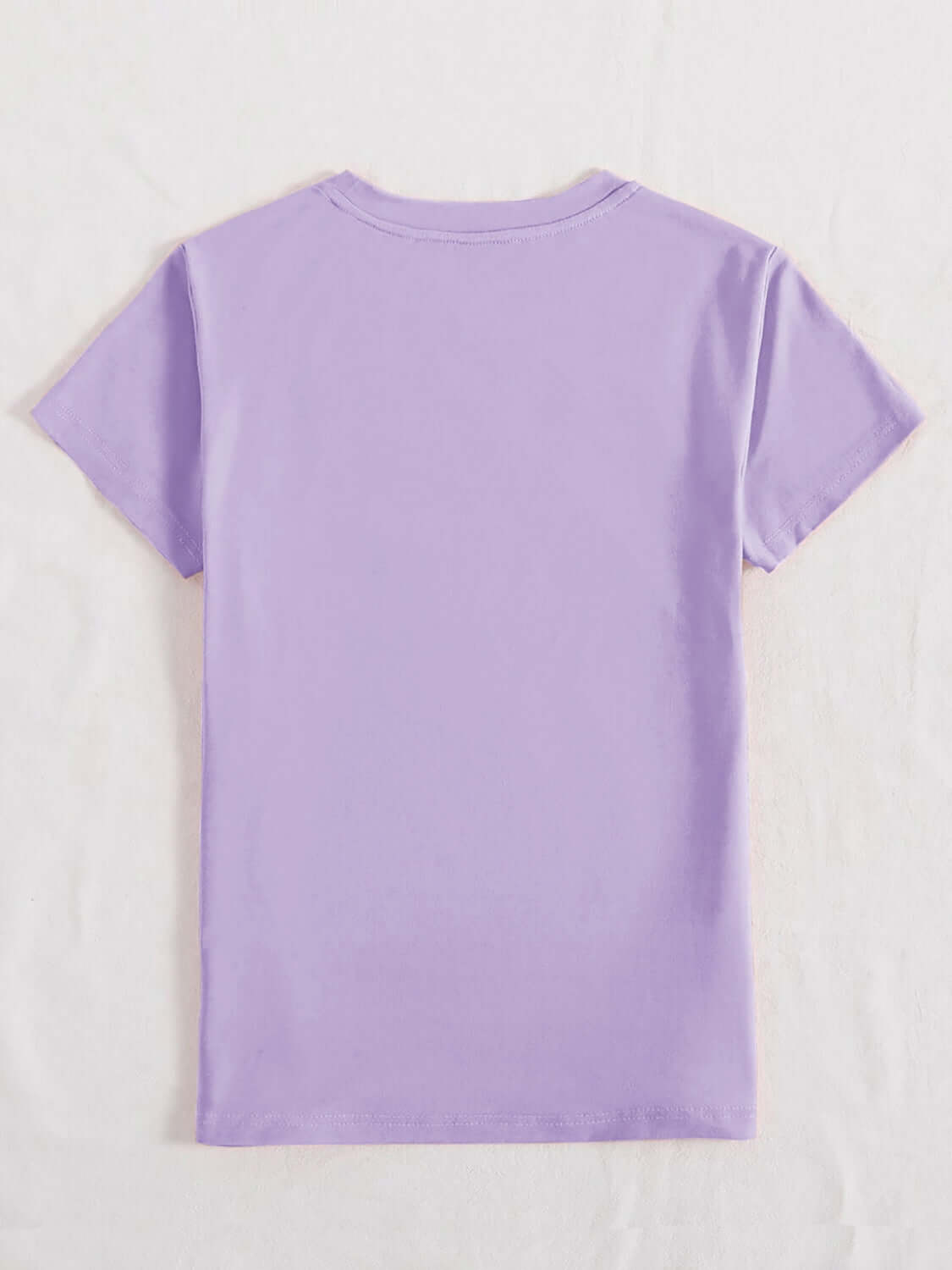 Lavender graphic round neck short sleeve t-shirt, basic style, slightly stretchy, 100% polyester, machine washable, back view