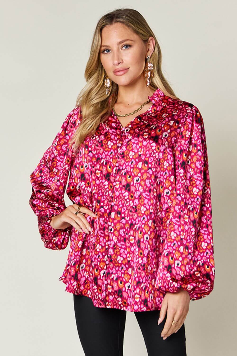 DOUBLE TAKE Full Size Printed Long Sleeve Blouse at Bella Road