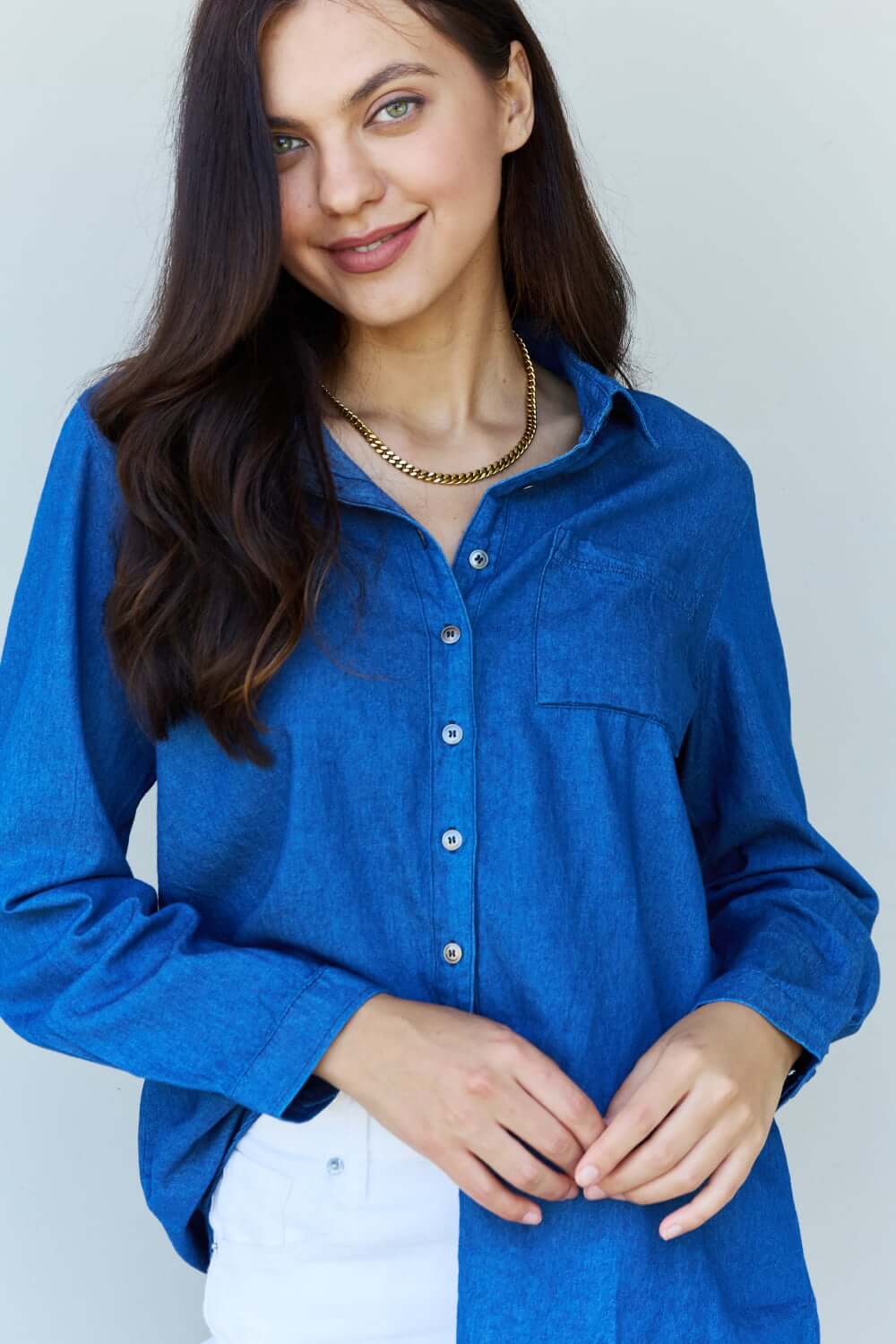 DOUBLJU Blue Jean Baby Denim Button Down Shirt Top in Dark Blue at Bella Road