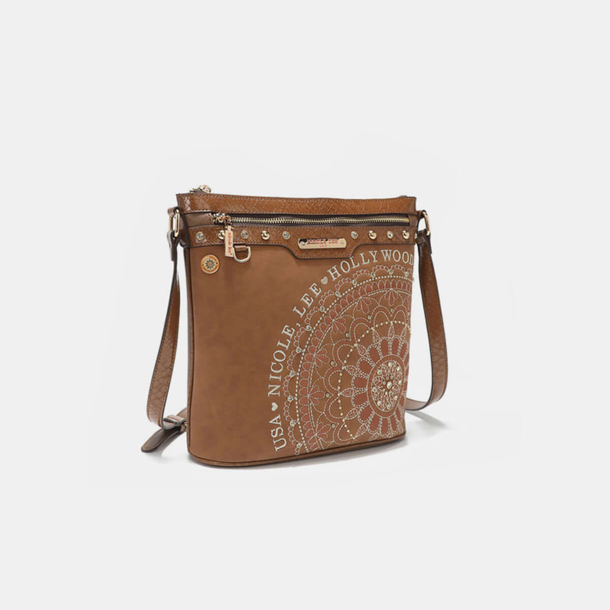 Nicole Lee USA Metallic Stitching Embroidery Inlaid Rhinestone Crossbody Bag with Front and Back Zip Pockets