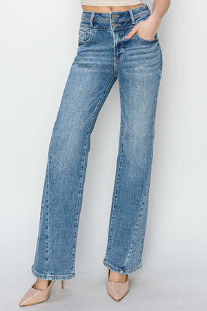 Woman modeling Risen Jeans high-rise ankle straight jeans for a sleek and stylish look