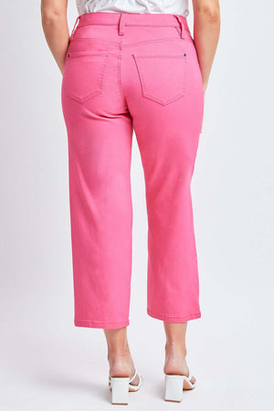 Back view of Model wearing pink Mid-Rise Hyperstretch Cropped Straight Pants by YMI Jeans.