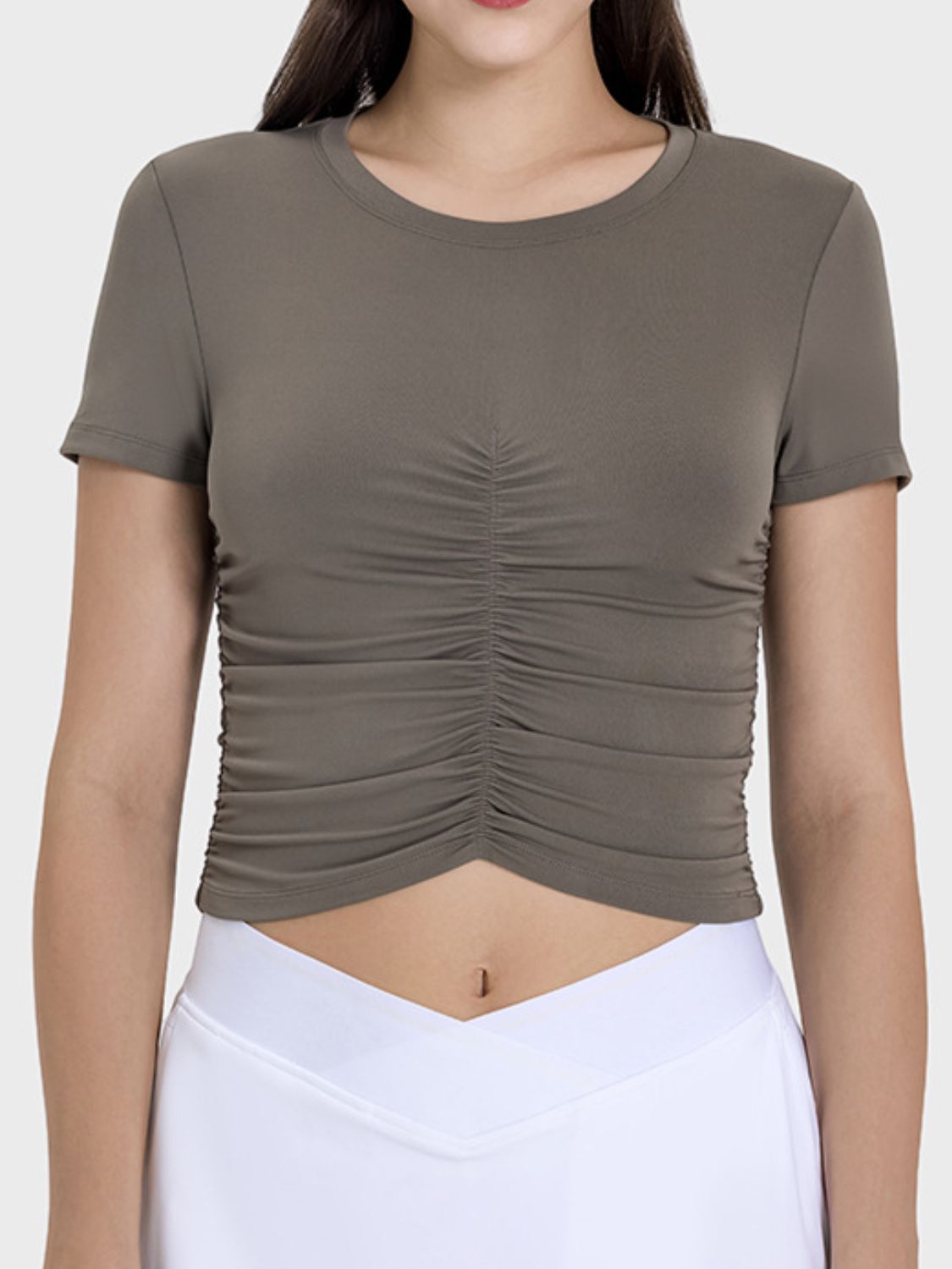 Millennia Ruched Round Neck Short Sleeve T-Shirt in olive green, perfect for activewear and stylish casual looks.