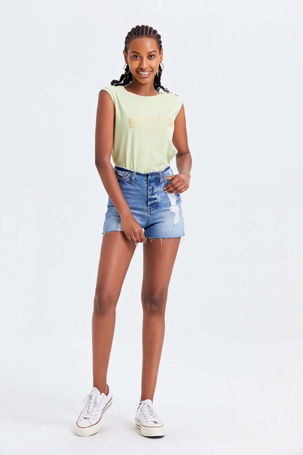 BAYEAS High Rise Bandless Denim Shorts at Bella Road