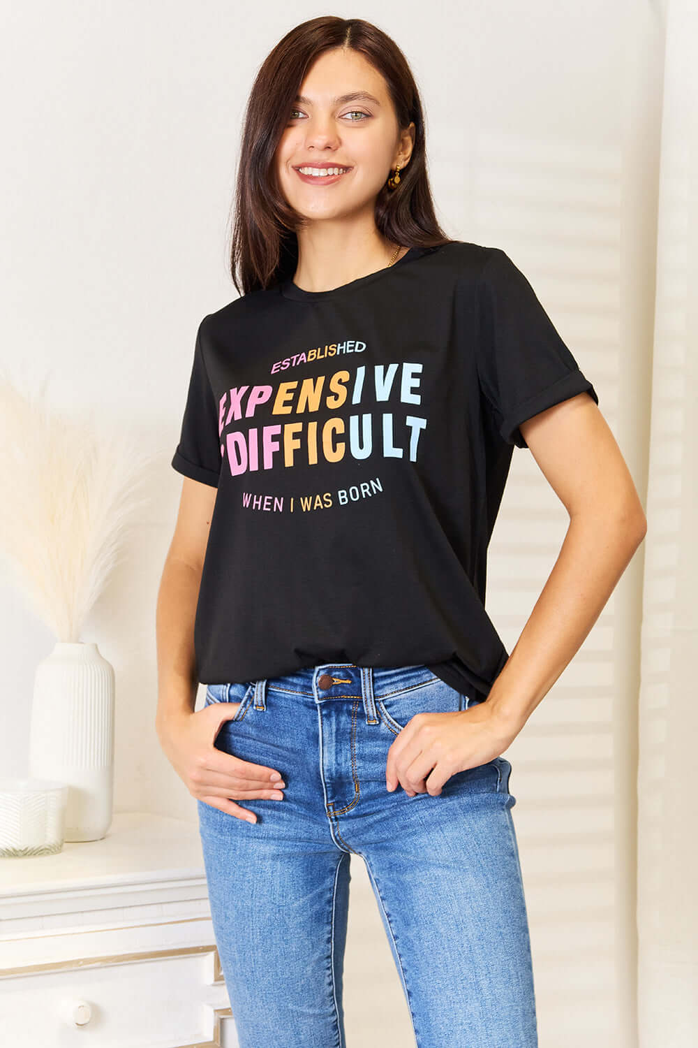 SIMPLY LOVE Slogan Graphic Cuffed Sleeve T-Shirt at Bella Road