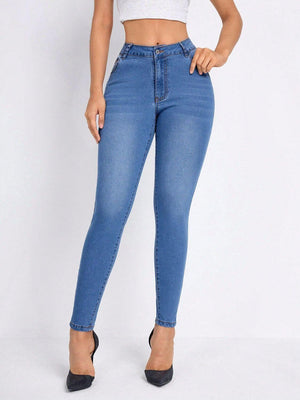 Woman wearing Bella Road High Rise Skinny Jeans with pockets, showcasing a flattering fit and moderate stretch for comfort.