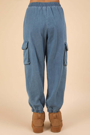 Washed Drawstring Jogger Cargo Jeans with elastic waist, side pockets, and raw detail in a relaxed fit for casual style.