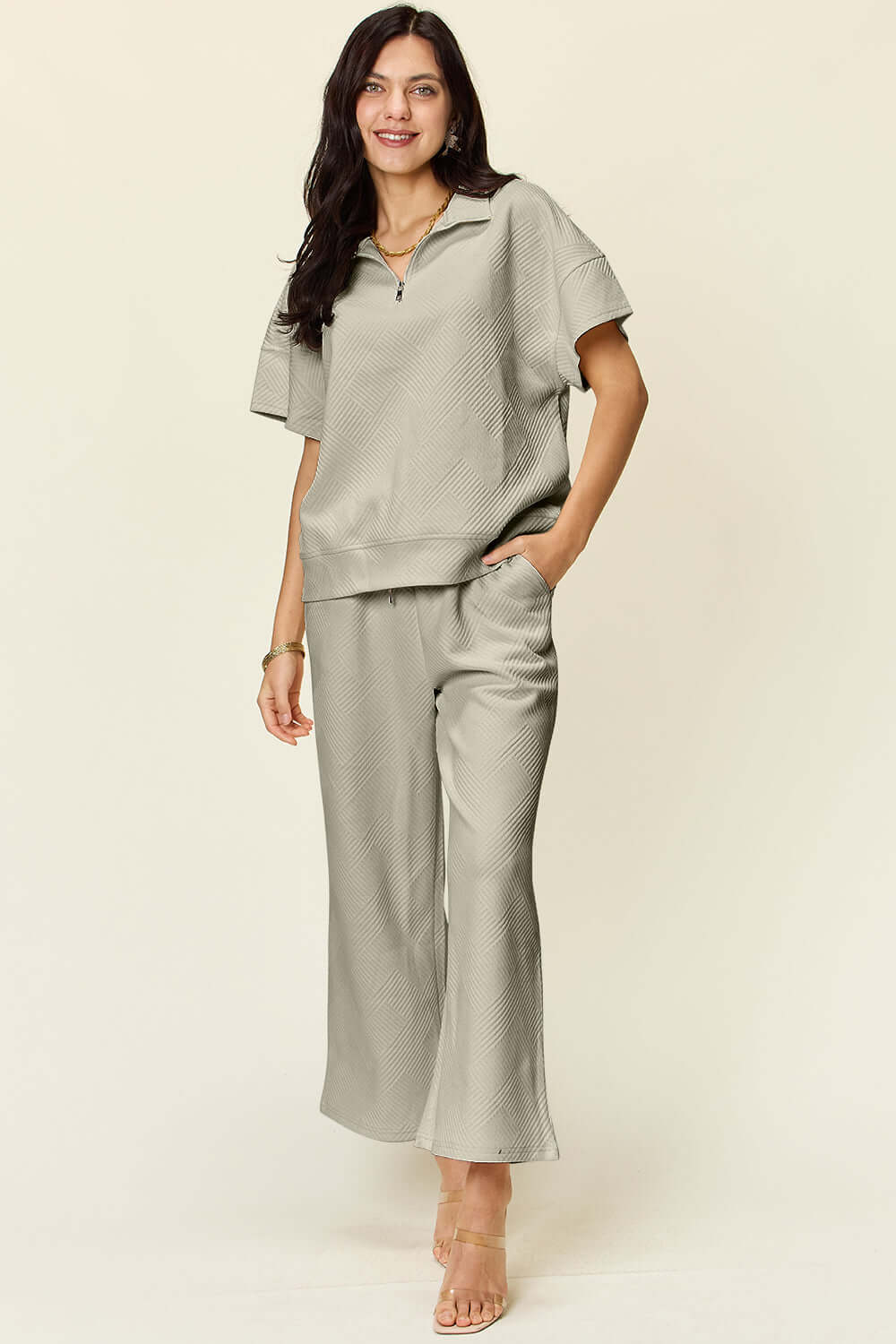 DOUBLE TAKE Full Size Texture Half Zip Short Sleeve Top and Pants Set at Bella Road