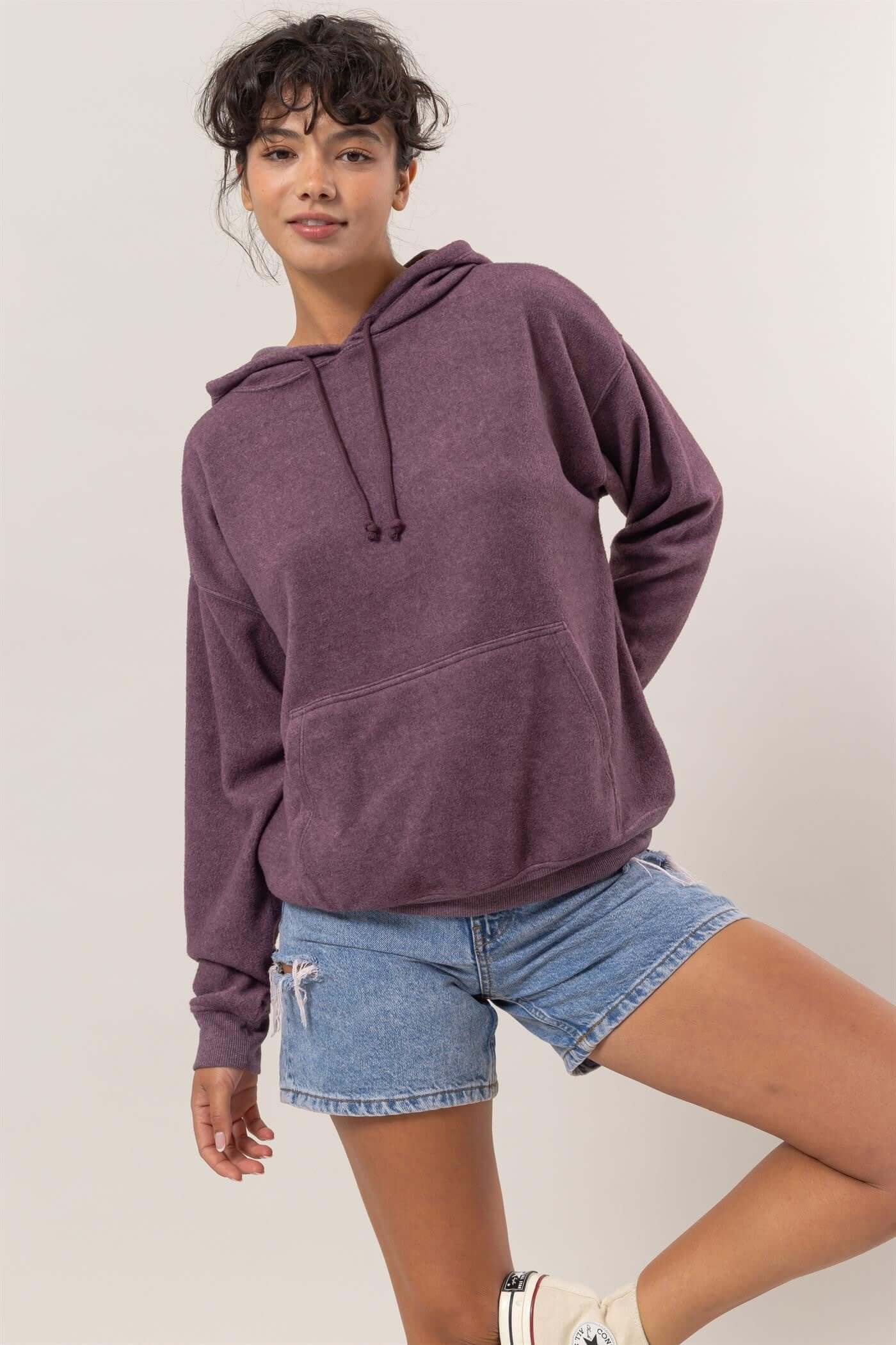 Cozy HYFVE brushed long sleeve hoodie in purple with kangaroo pocket, perfect for casual wear and chilly days.