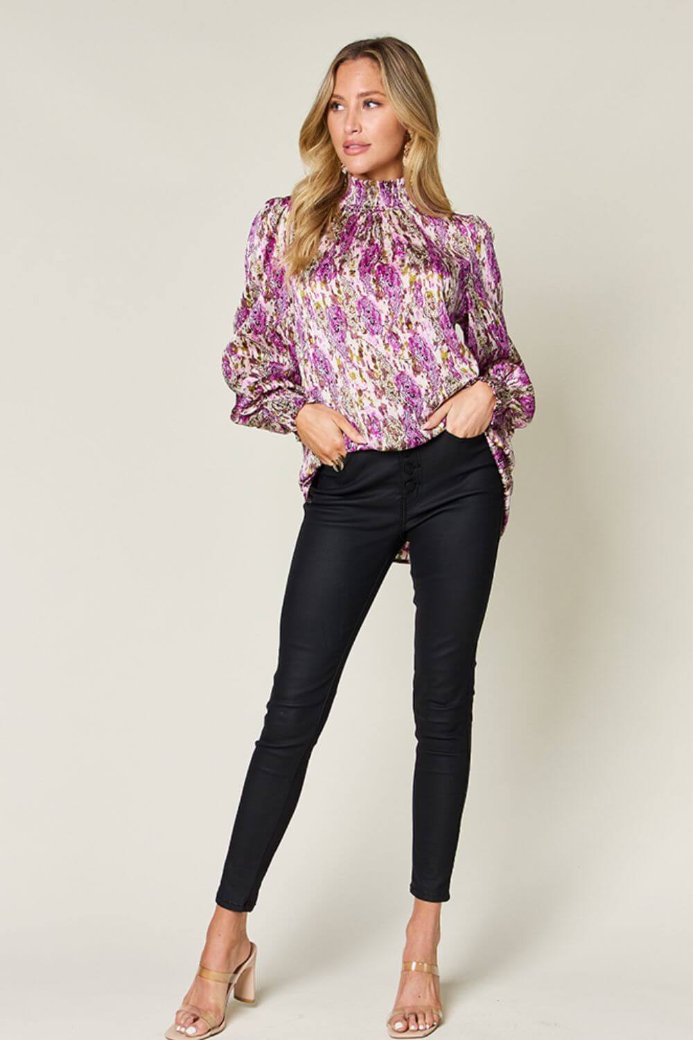 DOUBLE TAKE Full Size Printed Smocked Long Sleeve Blouse at Bella Road