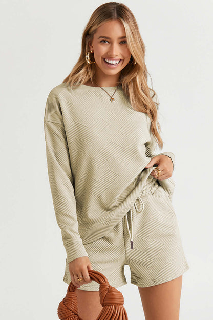 DOUBLE TAKE Full Size Texture Long Sleeve Top and Drawstring Shorts Set at Bella Road