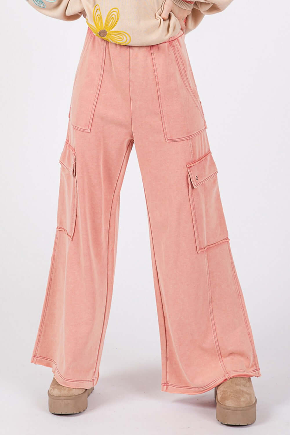 Knit Terry Mineral Wash Wide Leg Pants in pink with pockets and a trendy relaxed fit for comfortable all-day wear.