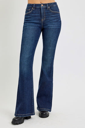 High rise flare jeans with pockets, showcasing a retro style with a modern twist, perfect for a chic and vintage look.