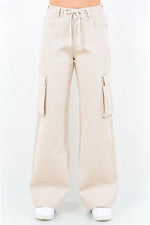 Beige drawstring wide leg cargo pants with pockets, perfect for a stylish and comfortable casual look.