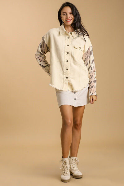 Umgee Plus Size Distressed Button Up Jacket with Raw Hem and Stylish Leopard Print Sleeves