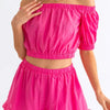 Off Shoulder Crop Top and Ruffled Shorts Set - Pink